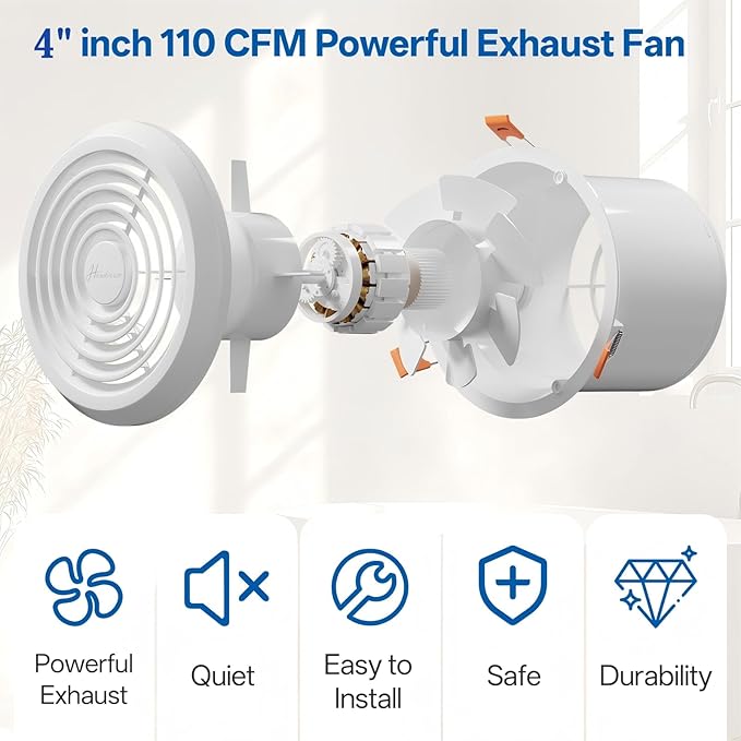 Hawkrown 4inch Exhaust Fan, 110 CFM Wall Mounted Vent Fan, 1.0 Sone Quiet - Image 7