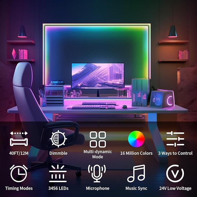BUNACET 40ft COB RGB+IC LED Strip Lights, Bright Dream Color COB LED Light Strip - Image 2