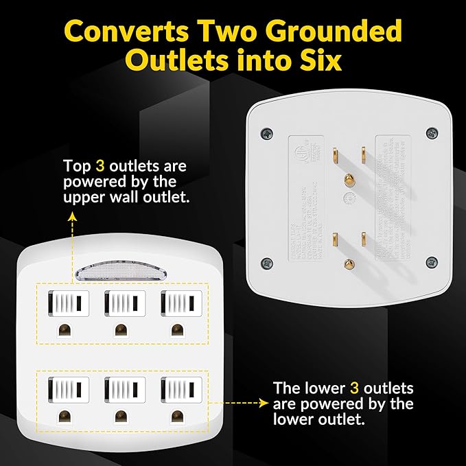 6-Outlet Extender 2 Pack, 3-Prong Ground Wall Tap Adapter - Image 4