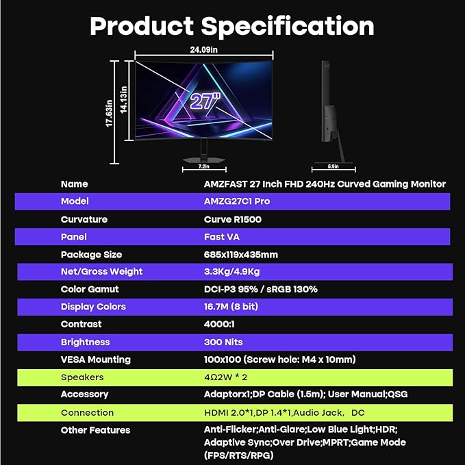 Amzfast 27 inch 240Hz Curved Gaming Monitor, FHD 1080P Monitor Gaming - Image 9