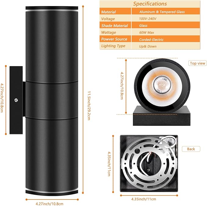 RIDALUX Outdoor Wall Lights Porch Sconce: 6 Pack LED Cylinder Up Down Wall - Image 3
