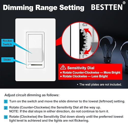 BESTTEN 5 Pack Dimmer Light Switch, Single Pole or 3-Way, Compatible - Image 4