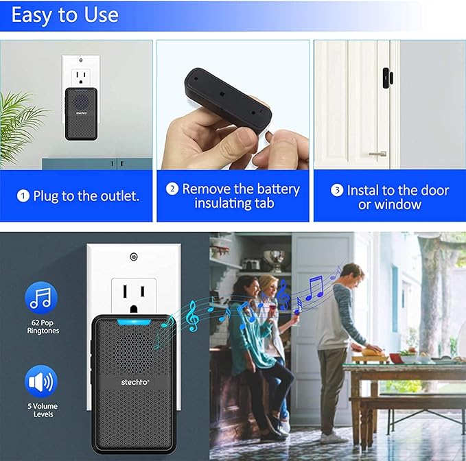 STECHRO Door Chime, 600ft Range 1 Magnetic Door Alarm Sensor 2 DoorBell Plugin - Image 5