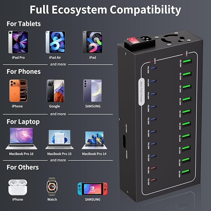 580W USB Charging Station, 20 Port USB C Charger Block, Fast Charging Station - Image 6