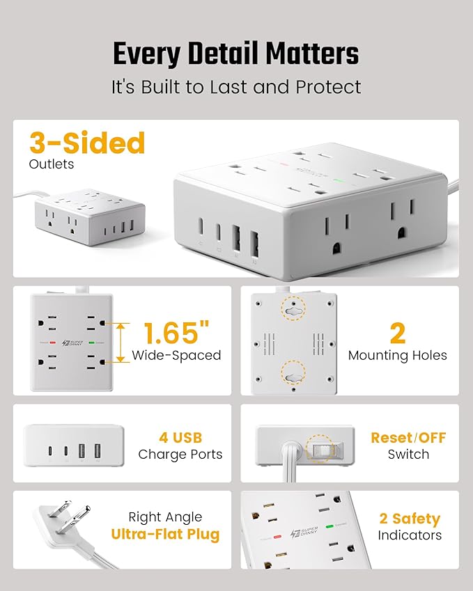 25Ft Long Extension Cord, Flat Plug Power Strip - Image 7