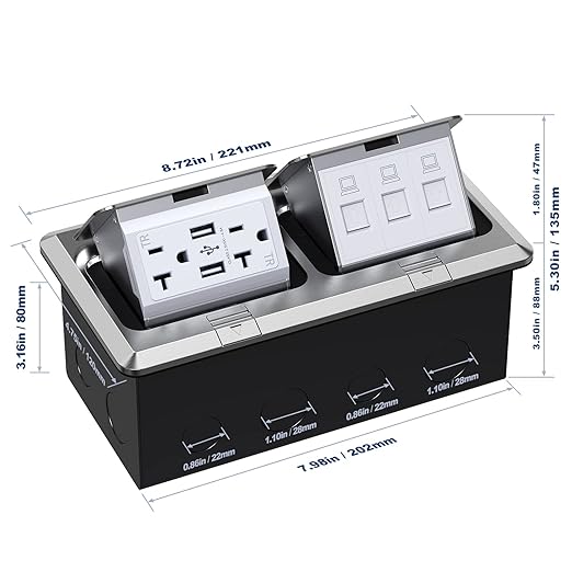 KYHSHJ Dual Pop-Up Floor Electrical Outlet Box Kit，20 Amp Stainless Steel USB - Image 5