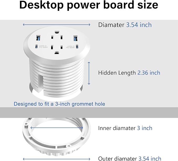Desktop Power Grommet, 65W USB C Fast Charging, Flush Mount Recessed Power - Image 6