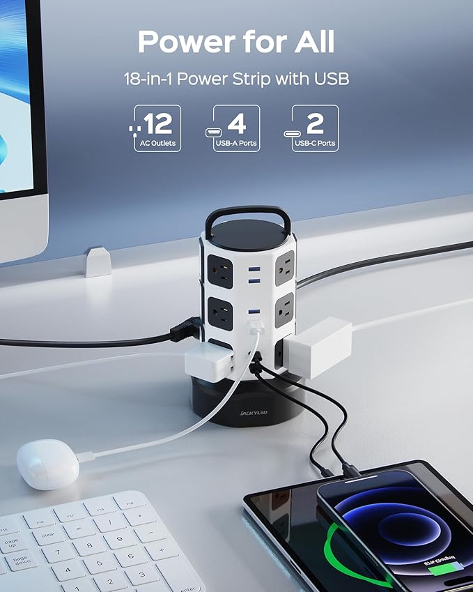 Power Strip Tower Surge Protector, JACKYLED 12 Outlets 6 USB Charging Station - Image 2