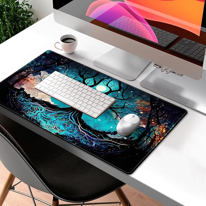 Vintage Blue AI Original Desk Mat Life Tree Aesthetics Desk Pad Large Flower - Image 3