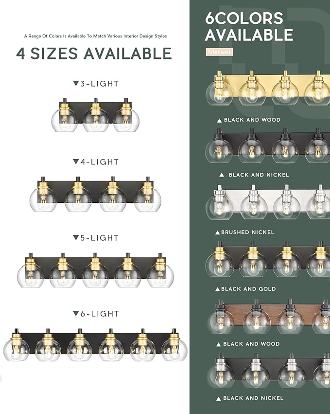 METWET Bathroom Light Fixtures, 3-Light Black and Gold Bathroom Vanity Light - Image 7