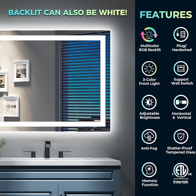 YEELAIT 72x36 Inch RGB LED Bathroom Mirror Front Light and RGB Backlit Lighted - Image 2