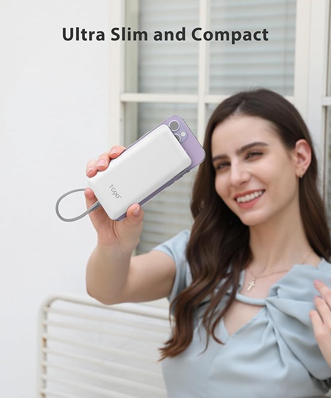 TG90° 10000mAh Power Bank Built-in Cables, Pocket Size USB C Portable Charger - Image 4