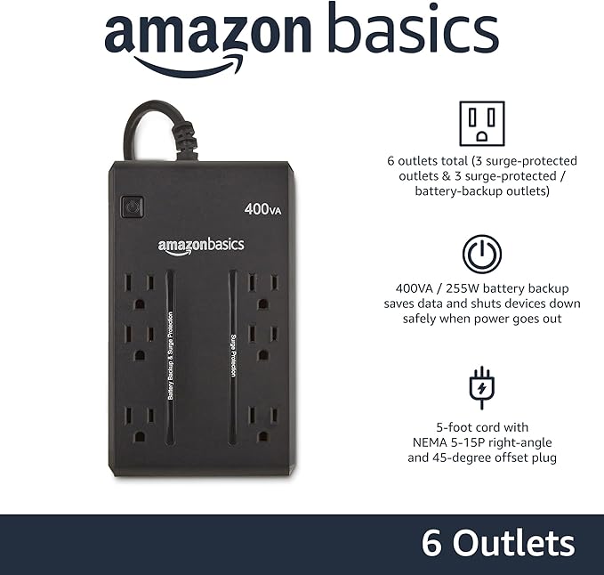Amazon Basics UPS Battery Backup & Surge Protector 400VA/255W, 6 Outlets - Image 2