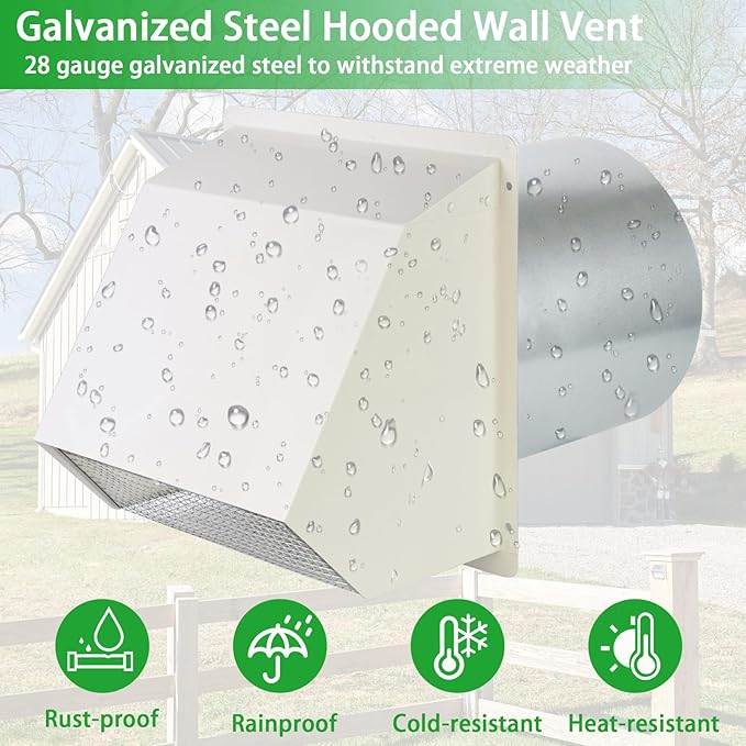 6 Inch Hooded Wall Vent with Screen and Damper, Wall Exhaust Vent Cover Cap - Image 6