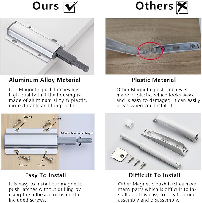 Push to Open Door Latch, 10 Pack Magnetic Push Latches, Adhesive Heavy Duty - Image 7