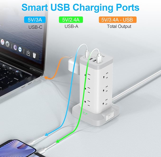 BEVA Power Strip Tower with USB Ports, 16 in 1 Surge Protector Tower, 12 AC and - Image 3