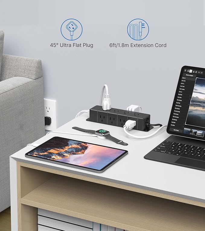 30W USB C Power Strip Surge Protector, Ultra Thin Flat Plug Power Strip 4 Side - Image 9