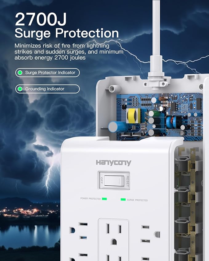 16 Outlets Surge Protector Power Strip, HANYCONY 5 Ft Flat Plug Heavy Duty - Image 3