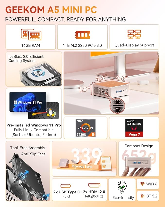 GEEKOM A5 2026 Mini PC with AMD Ryzen 5 7430U, 3-Year Coverage, 16GB RAM&1TB - Image 2
