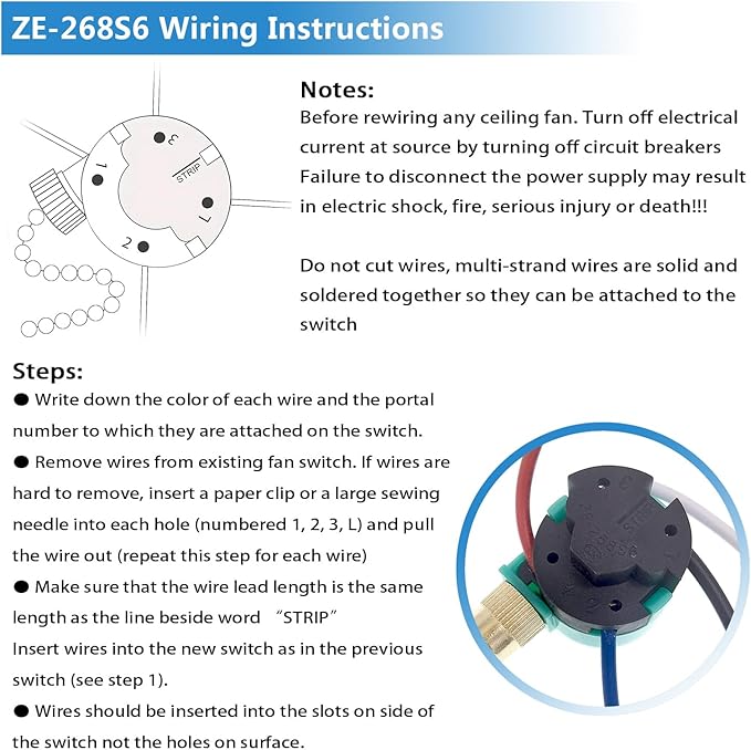 Zing Ear ZE-268S6 3 Speed Ceiling Fan Switch, Pull Chain Cord Switch, Compatible - Image 5