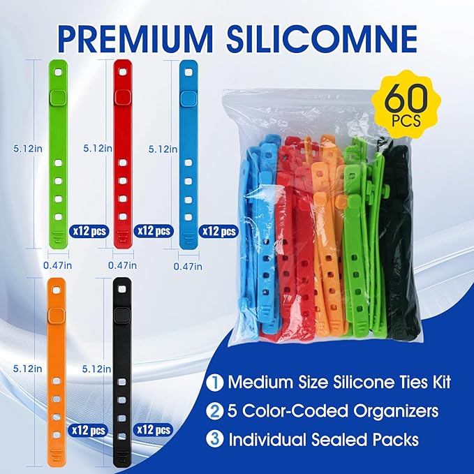 AROIC 60Pcs Silicone Cable Ties, 5-Colors Reusable Cord Organizer - Image 2