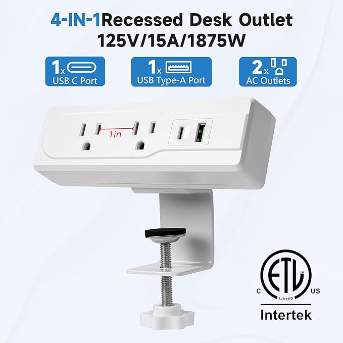 Desk Clamp Power Strip with 15Feet Extension Cord, 45 Degree 3-Prong Thin Flat - Image 3