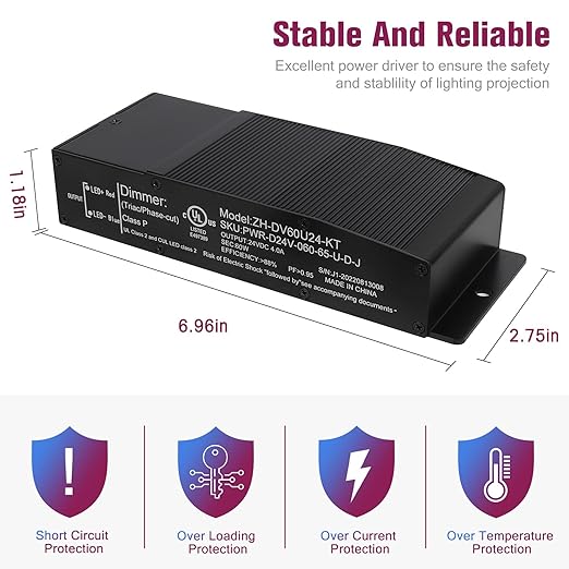 EMITEVER Dimmable LED Driver, 60W 24V Triac Power Supply, AC to DC LED - Image 3