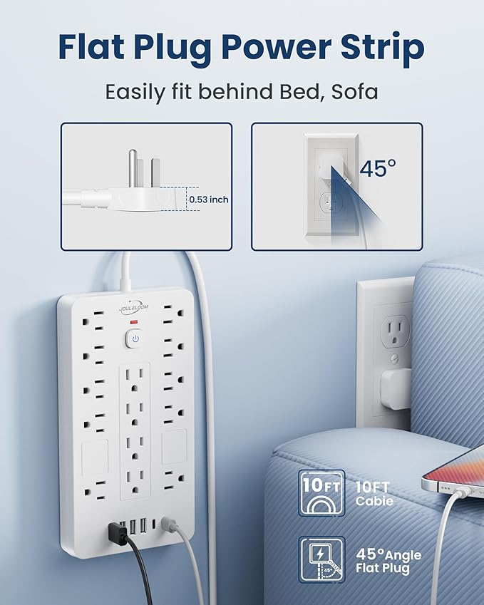 JouleLoom Surge Protector Power Strip-14 Outlets and 6 USB Ports, 10 Feet Flat - Image 5