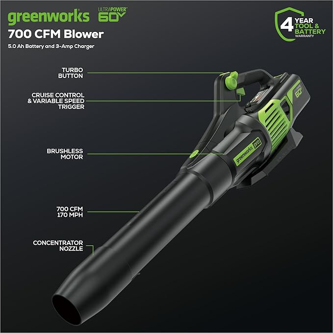 Greenworks 60V 700 CFM Brushless Leaf Blower, 5.0 Ah Battery and Rapid Charger - Image 2