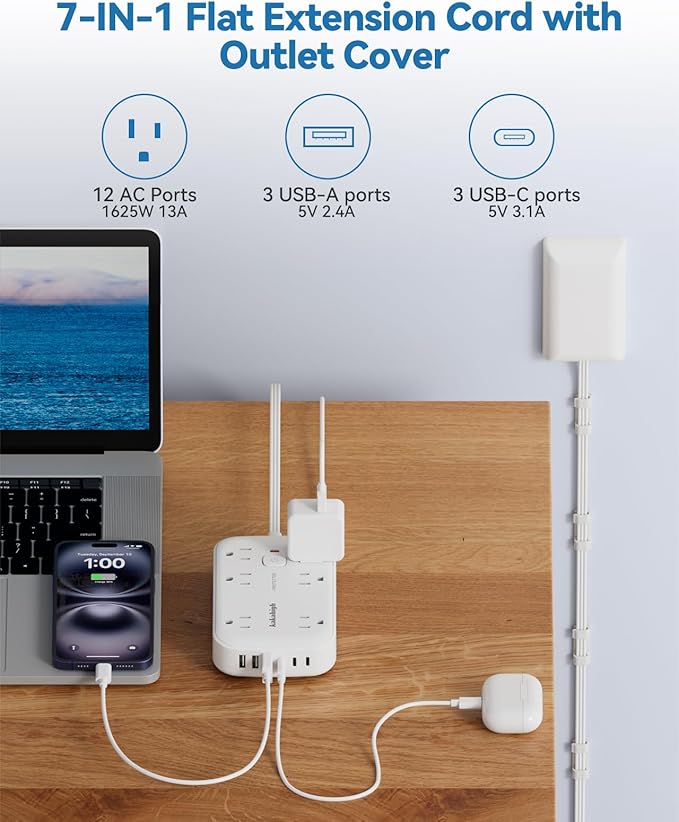 Extension Cord with Outlet Cover & Multi USB- 5 FT, Ultra Thin Outlet Concealer - Image 2