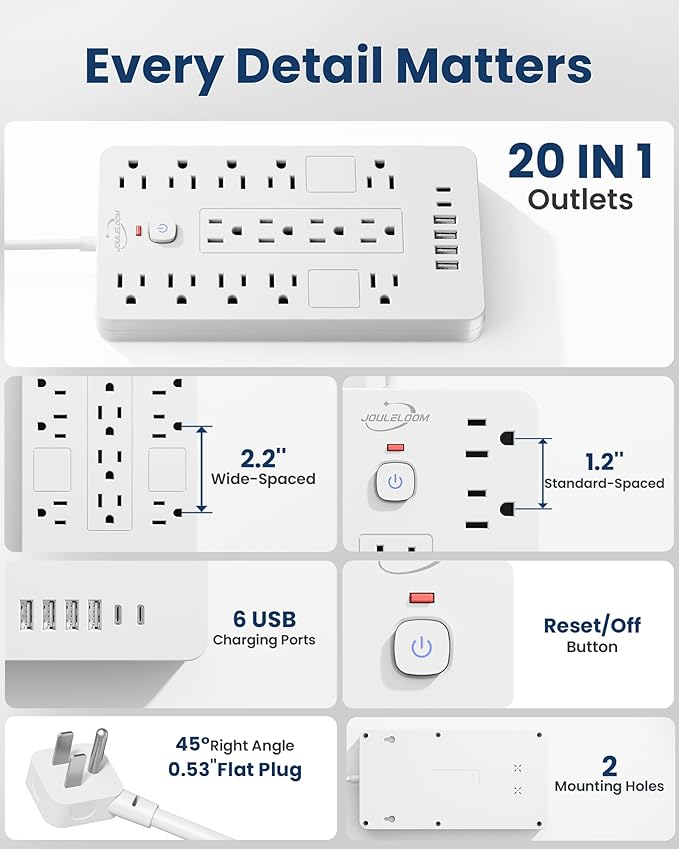 JouleLoom Surge Protector Power Strip-14 Outlets and 6 USB Ports, 10 Feet Flat - Image 7