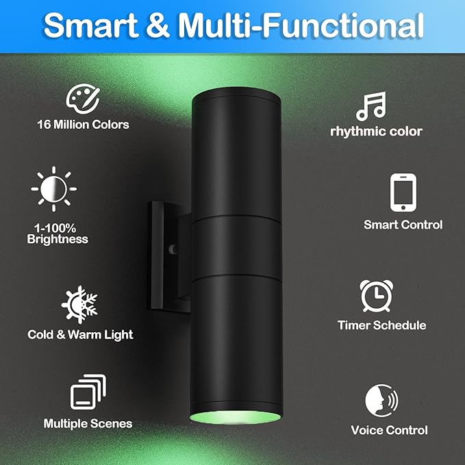 wowlite RGB Up Down Outdoor Wall Lights 2 Pack, 1200LM Smart Cylinder Outdoor - Image 6
