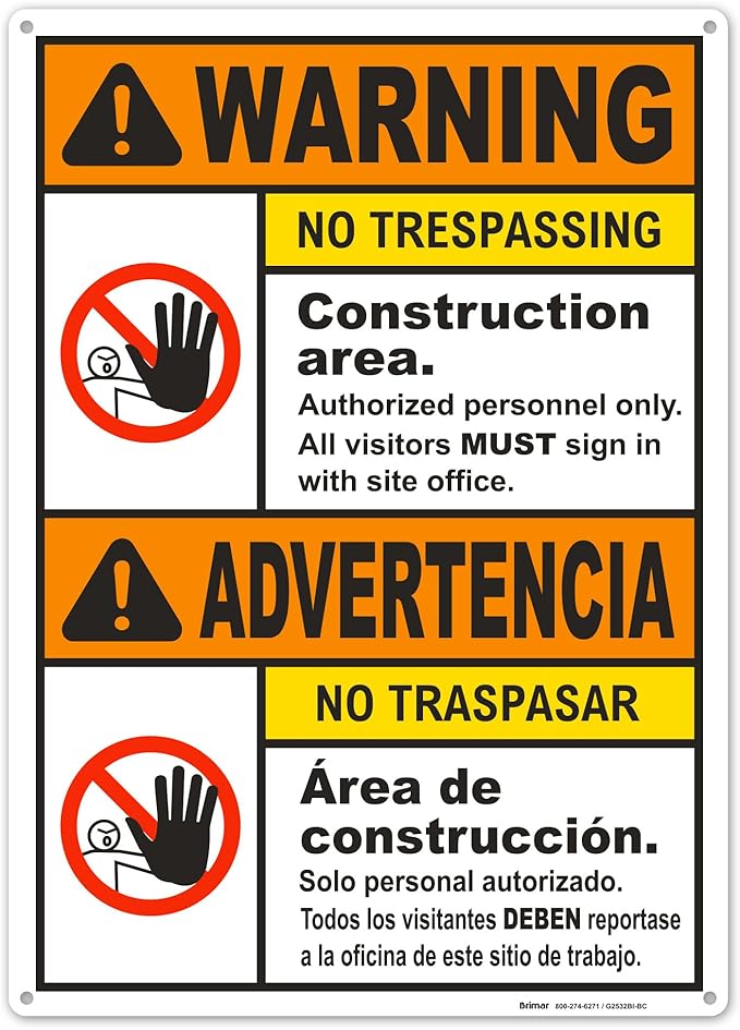 Brimar - 10" x 14" - Bilingual Warning Construction Area No Trespassing Sign - by BrimarIndustries