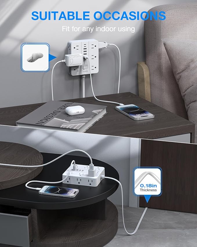 Surge Protector Power Strip 15 Ft Cord, HUNIAN Flat Plug Extension Cord - Image 5