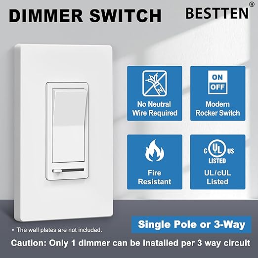 BESTTEN 10 Pack Dimmer Light Switch, Single Pole or 3-Way, Slide Dimmer Switches - Image 3
