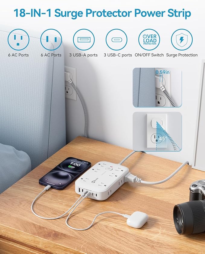 Power Strip with USB, 2100J Surge Protector Flat Plug Extension Cord 5ft - Image 3