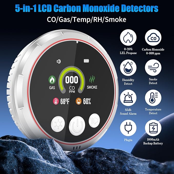 2 Pack 5-in-1 Carbon Monoxide Detectors &Smoke &Natural Gas Leak Detector - Image 2