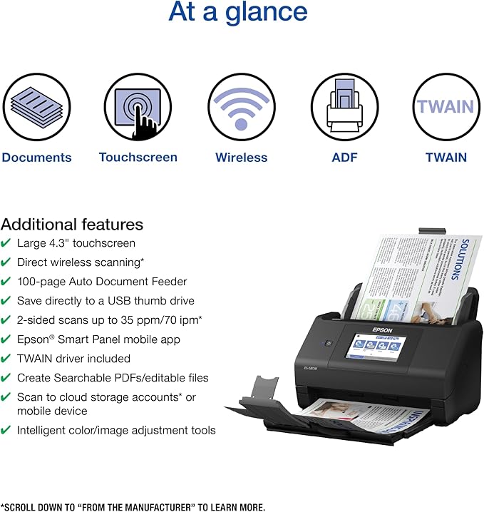 Epson Workforce ES-580W Wireless Color Duplex Desktop Document Scanner - Image 3