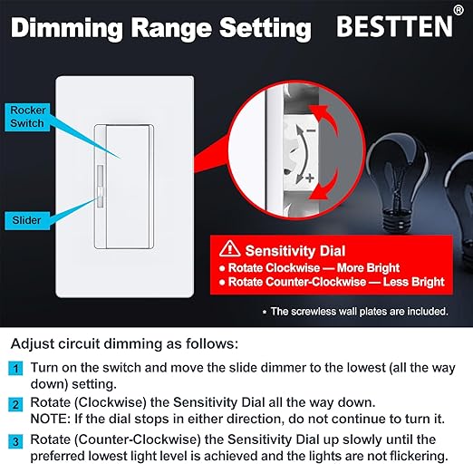 BESTTEN Super Slim Dimmer Light Switch, Quiet Rocker, Max 300W LED, 600W - Image 6