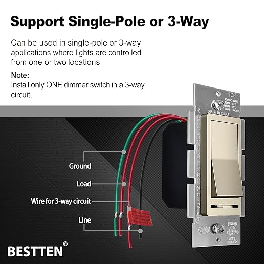 BESTTEN 5 Pack Matte Champagne Gold Dimmer Light Switch, Single Pole or 3-Way - Image 3