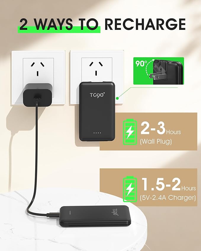 TG90° Ultra Slim 5000mAh Portable Charger Built-in Foldable AC Wall Plug and - Image 6