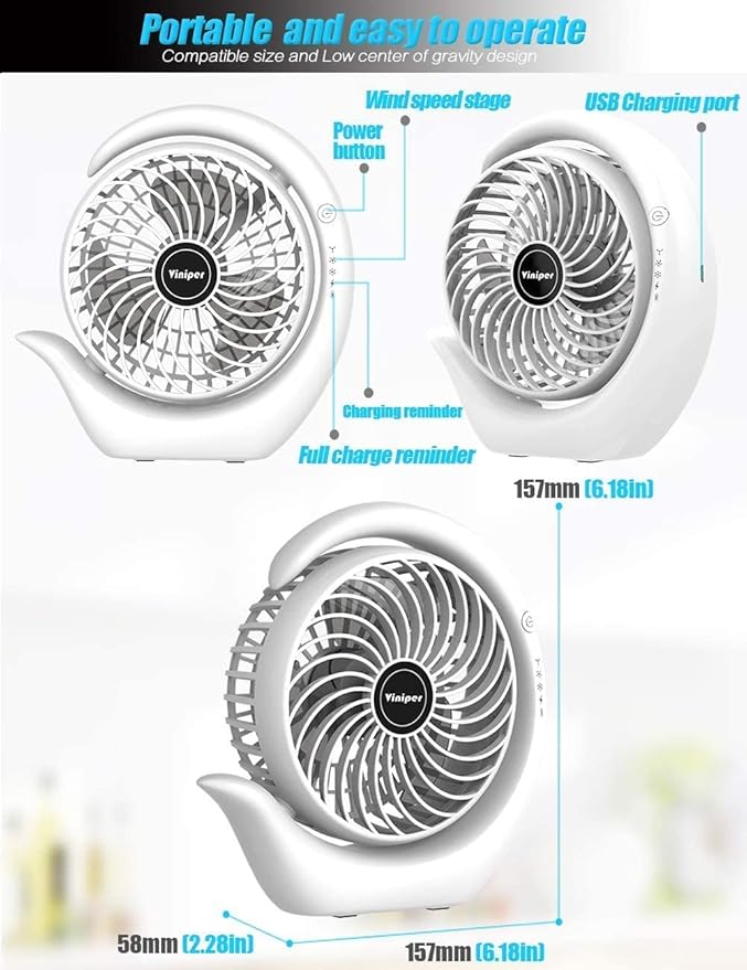 Viniper Battery Operated Fan, Usb Desk Fan : 180° Rotation and 3 Speeds - Image 5