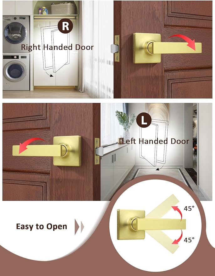 Mengico 5 Pack Passage Door Levers Gold Finish, No-Locking Keyless Square Door - Image 4