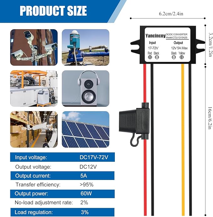 Yancincny DC 24V 36V 48V 60V 72V Step Down to 12V 5A 60W Converter Regulator - Image 7