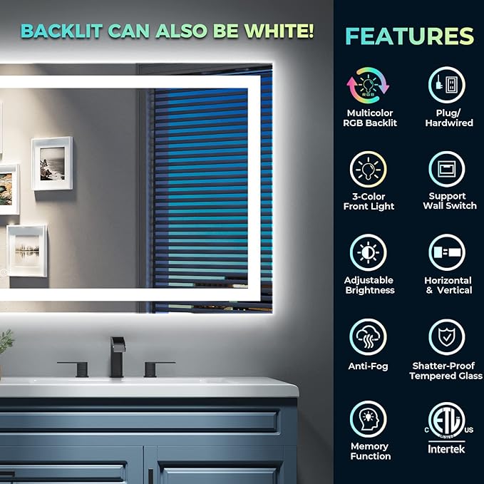 YEELAIT 60x40 Inch RGB LED Bathroom Mirror Front Light and RGB Backlit Lighted - Image 2