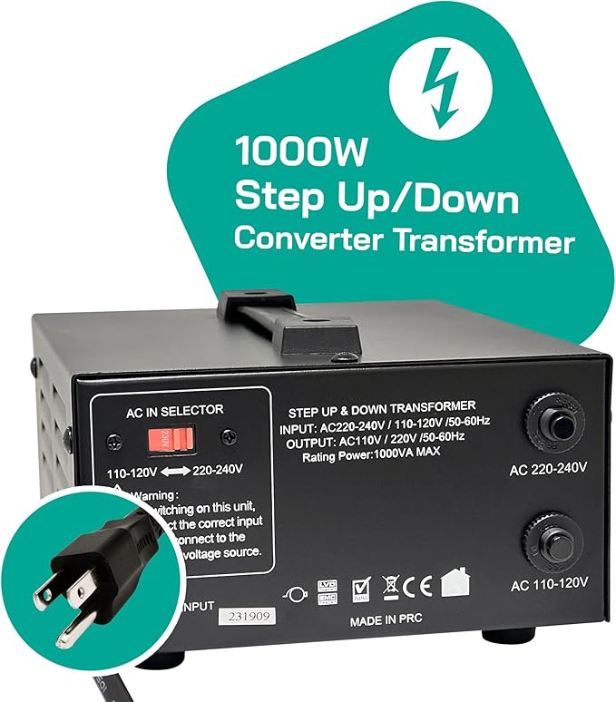 LiteFuze 1000 Watt Voltage Converter Transformer Step Up/Down - 110v to 220v / - Image 2