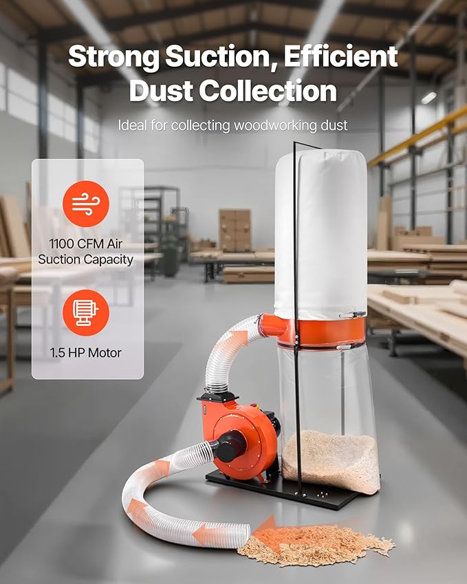 VEVOR Dust Collector, 1100 CFM 2.5 Micron Vortex Cone Dust Collectors, 1.5HP - Image 2