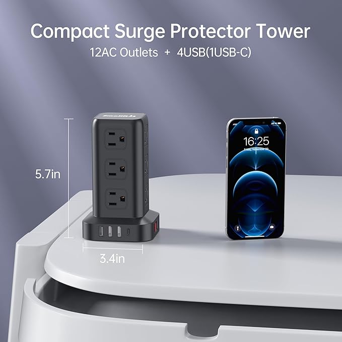 15FT USB C Power Strip Surge Protector Tower, Mini Power Strip Tower Travel 12 - Image 6