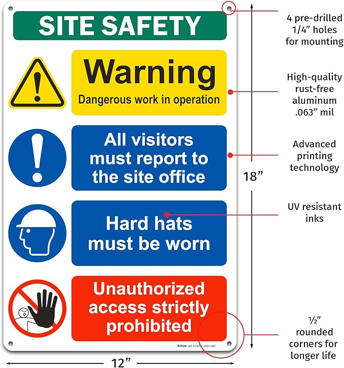 Brimar - 12" x 18" - Construction Site Safety Sign - .063″ White Rust-Free - Image 2