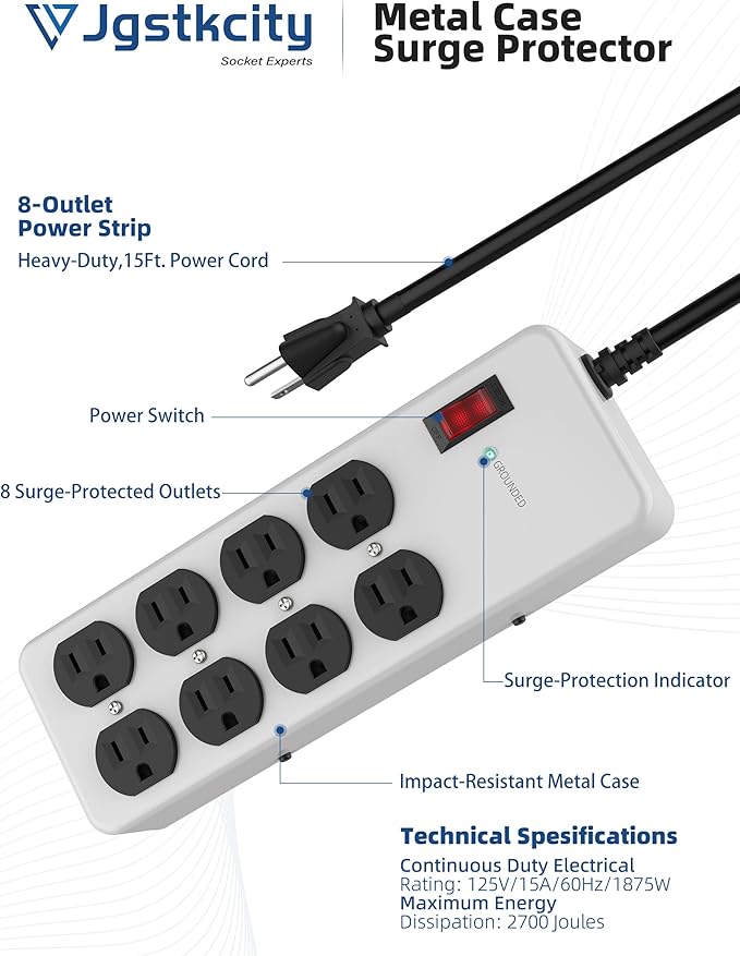Heavy Duty Power Strip, Industrial Heavy Metal Case Surge Protector, 8 AC - Image 2
